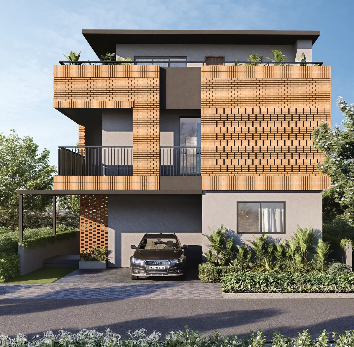 Artistic impression of a 4 BHK villa front elevation with brick-jali facade